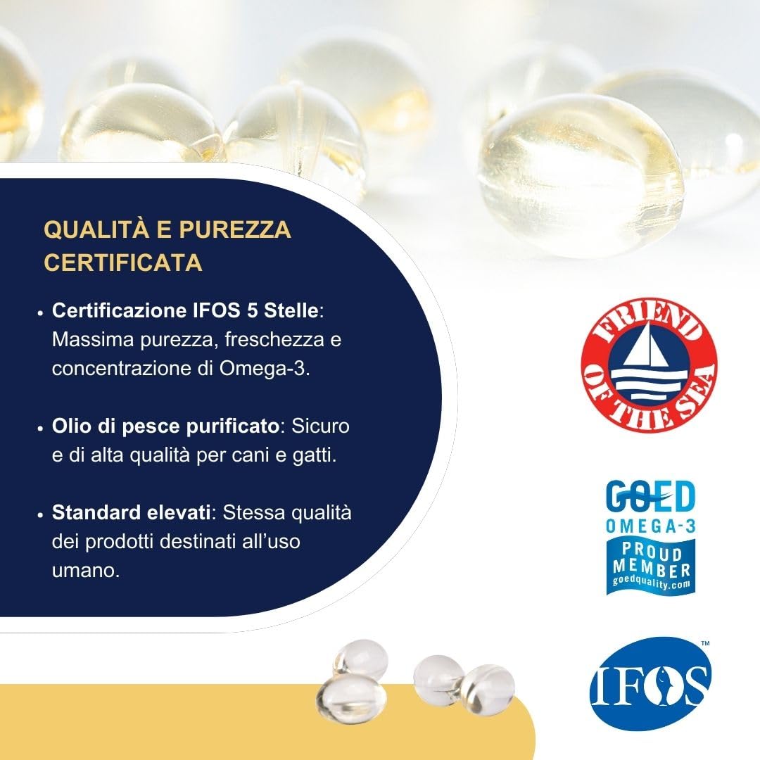 OMEGOR Pet Omega 3 per Cani e Gatti con EPA e DHA da Olio di Pesce Purificato - 60 Capsule di Omega3 IFOS Certificato per la Salute del Pelo e delle Articolazioni del tuo Pet