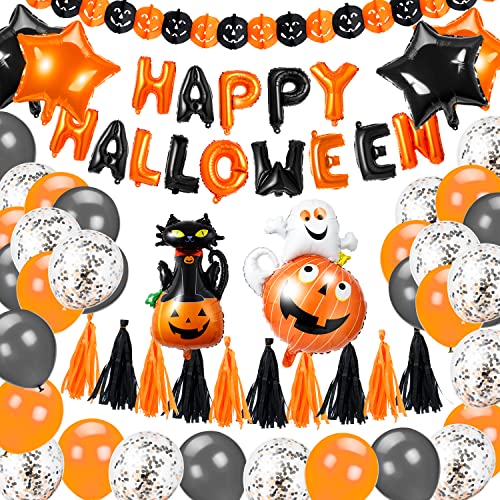 Halloween Décoration Set, Bannière de Ballons "HAPPY HALLOWEEN", Decoration Halloween Interieur, Ballons en Latex/Confetti Halloween Ballons, Halloween Chat Noir Ballons, Halloween Citrouille Ballons Cover
