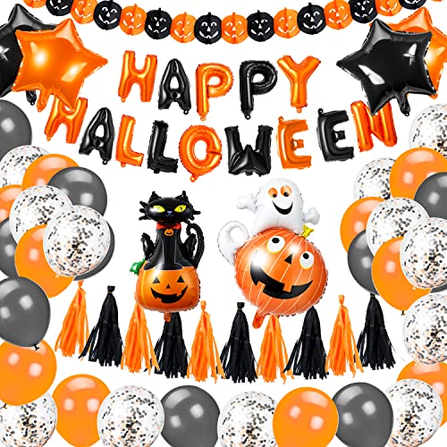 Halloween Luftballons Deko Set, Happy Halloween und Kürbis Banner Set mit Latex Luftballons, Konfetti Luftballons, Schwarze Katzen Luftballons, Kürbis Luftballons für Halloween Party Dekoration