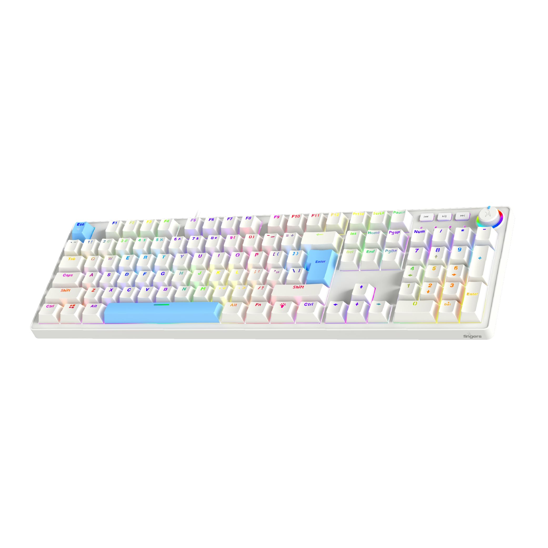 FINGERS Macho-MK1 Wired Mechanical Gaming Keyboard (Full-Size with 104 Keys, Linear Switches, 17 RGB Modes, Multi-Function Knob, 26 Anti-Ghosting Keys, Windows & macOS Compatible) - White + Blue-picture-29