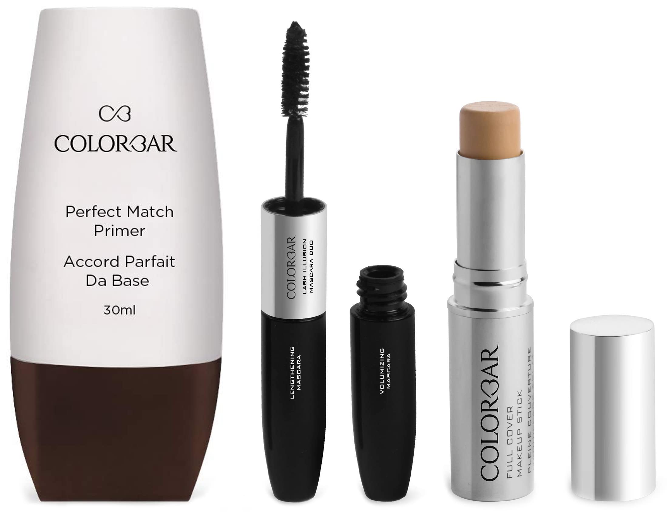 Colorbar New Perfect Match Primer, 30ml & Colorbar Full Cover Make Up Stick, SPF 30, Fresh Ivory, 9g & Colorbar Duo Mascara, Carbon Black, 4ml