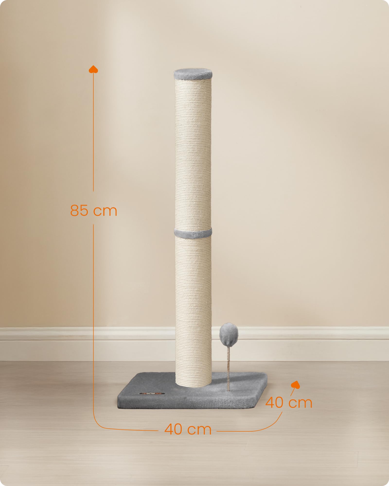 Feandrea Kratzbaum, 85 cm hoch, Kratzsäule, Katzenbaum, Kratzstamm für Kätzchen und Normale ausgewachsene Katzen, Sisalstamm, mit Plüschball und Glocke, Taubengrau PCA040G01