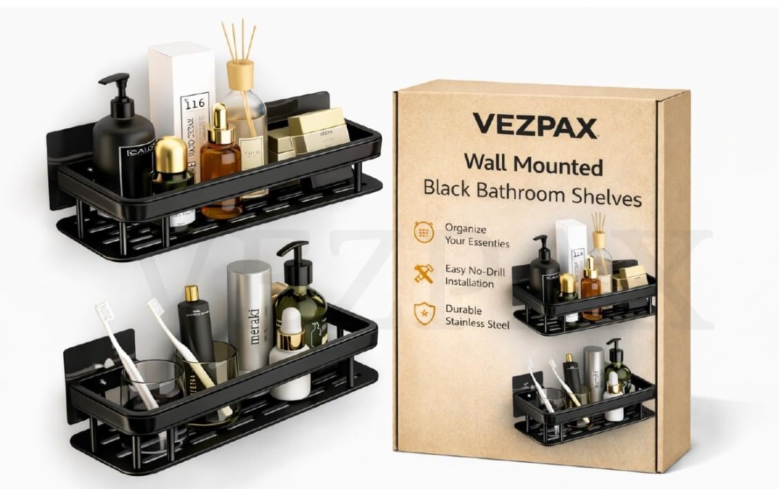 VEZPAX Self Adhesive Bathroom Shelf - Wall Mounted No-Drill Organizer Rack | Organizer Stand for Bathroom Accessories (Black Wall Shelf, Pack of 2)-image-14