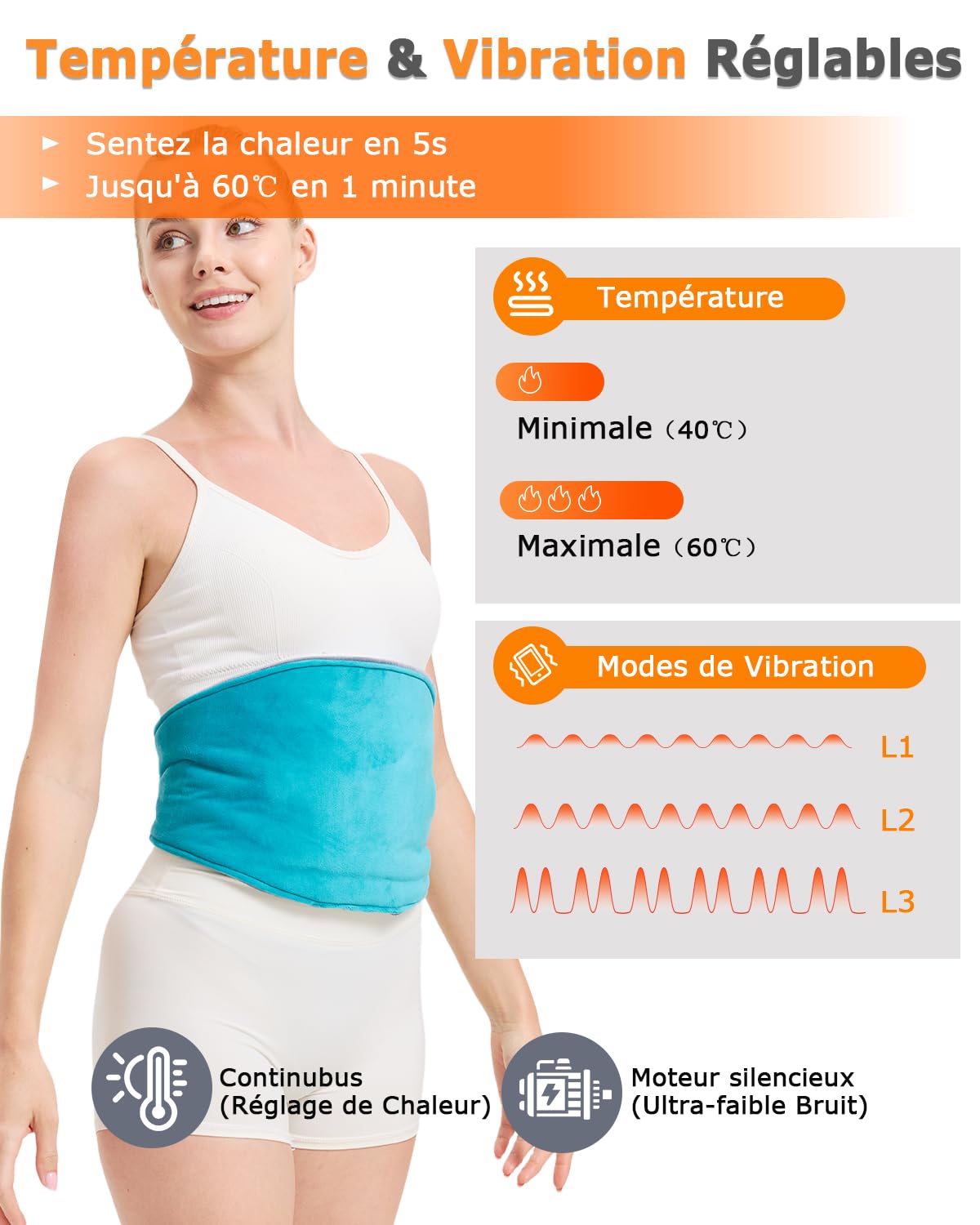 JOBYNA Ceinture Chauffante Vibrante Sans Fil, Coussin Chauffant de Massage, 5000mAh Ceinture Lombaire Chauffante 40-60℃ avec 3 Modes de Vibration, Soulager des Douleurs Lombaires, Abdominales