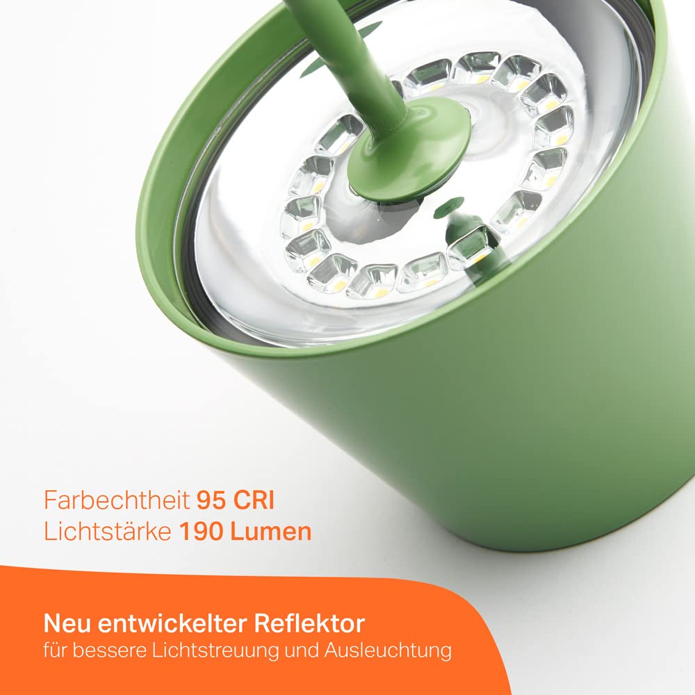 NCC-Licht LED Tischlampe kabellos aufladbar Grün 2,2W warmweiß 2700K, mit Touchdimmer, Akku Tischleuchte für Innen und Außen IP54