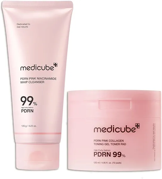 medicube Salmon PDRN Daily Skincare Duo: PDRN Marshmallow Whip Cleanser and Pink Collagen Jelly Pad