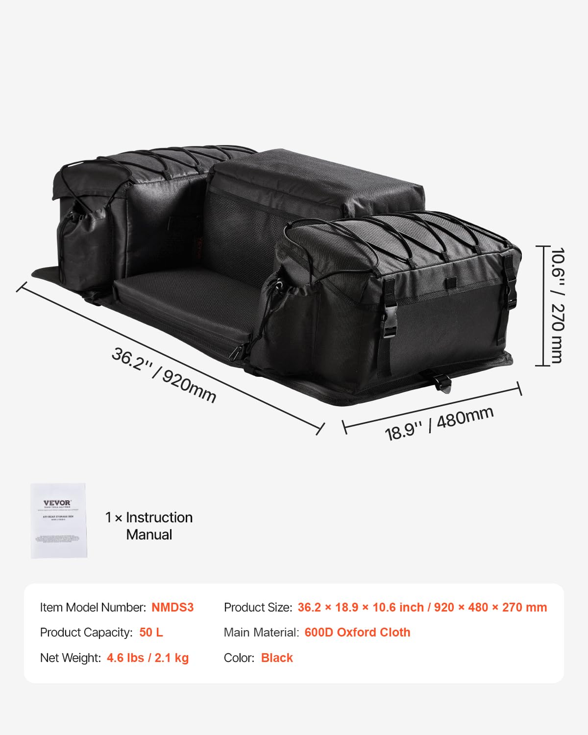 VEVOR Borsa Portaoggetti Posteriore ATV 50 L Tessuto Oxford 600D con Cuscino in Spugna e Portabottiglie