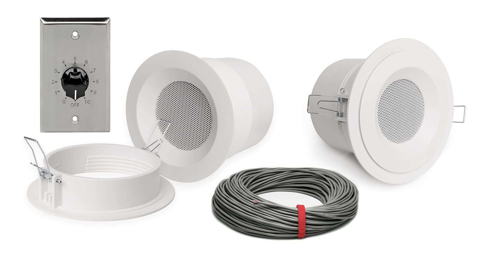 Pure Resonance Audio 3 Inch 70 Volt Drywall Mount Speaker Bundle with 100W Stainless Steel Volume Control and Installation Wire - Contractor Pack (2 Speakers)