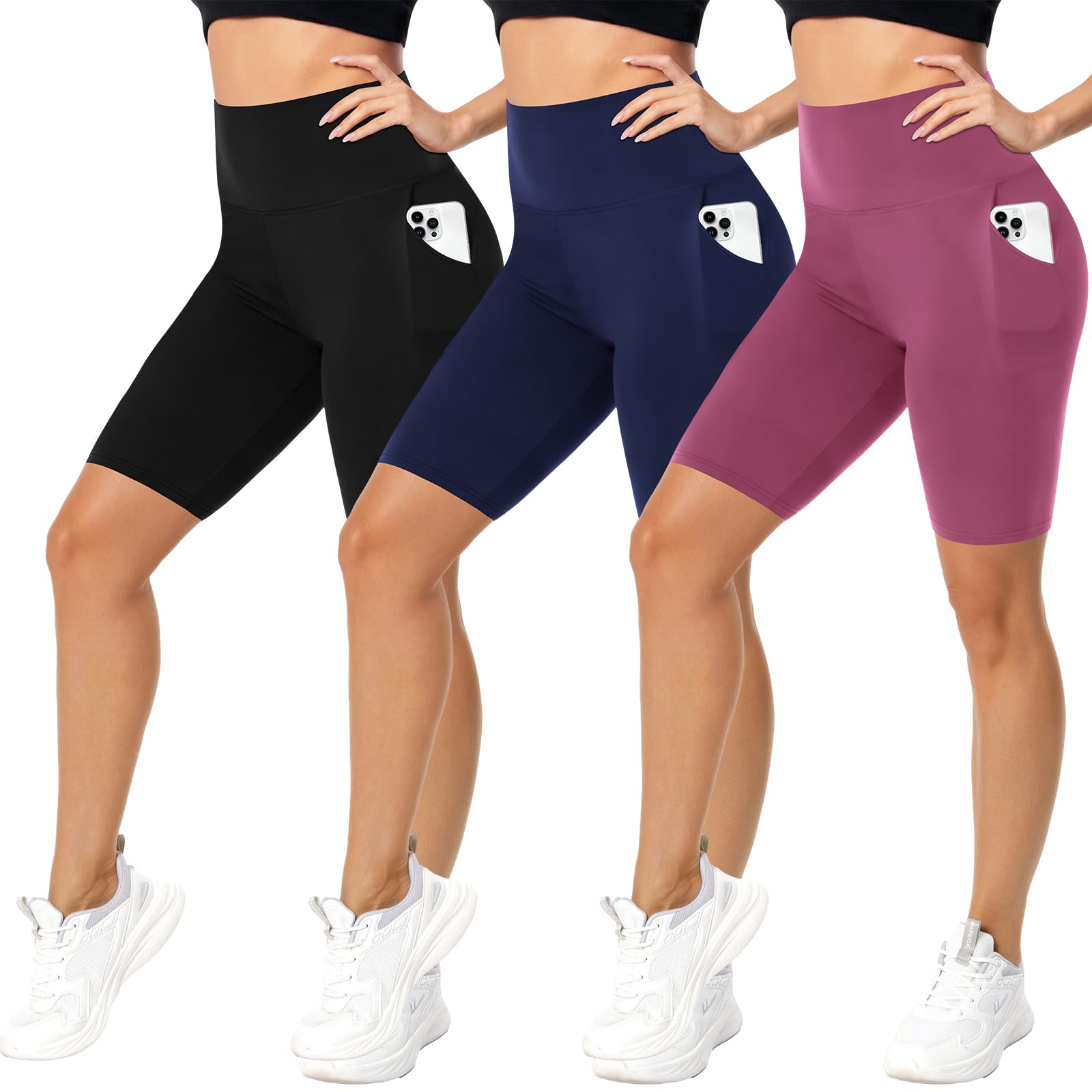 FuelMeFoot 3 Pack Radlerhose Damen mit Taschen High Waist Shorts Sporthose Kurze Blickdicht Sommer für Biker Gym Fitness Joggen Pilates.