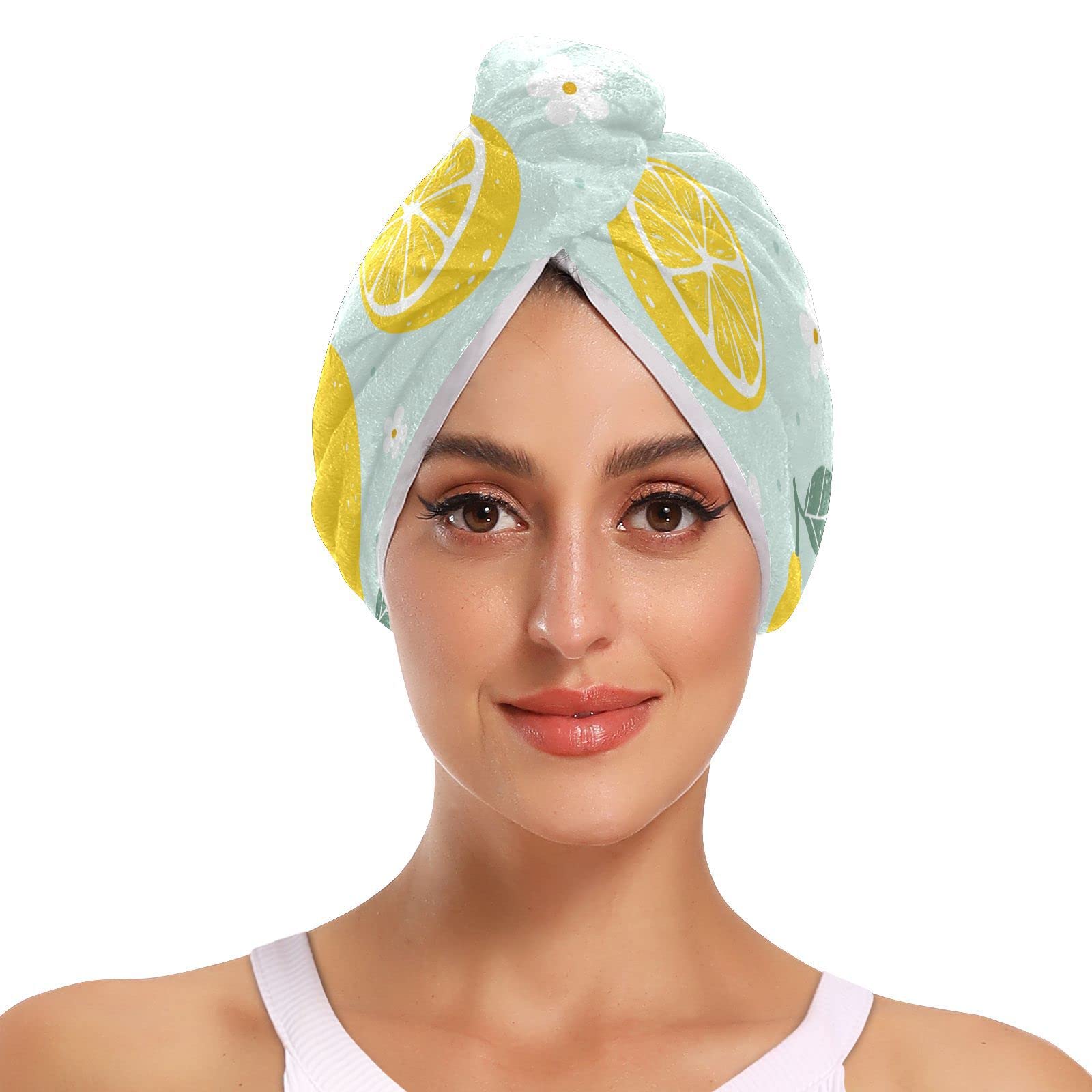 Lemon on Light Blue Background Hair Towel 2 Pack, Super Absorbent Hair Drying Towel Quick Dry Hair Turbans Head Towel with Button Twisty Wrap for Women Girls