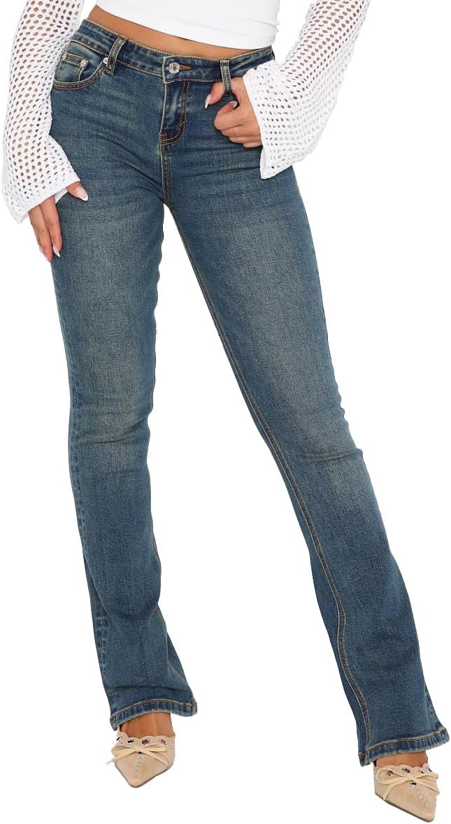 Women's Stretch Low Rise Double Button Elastic Skinny Vintage Flare Jeans