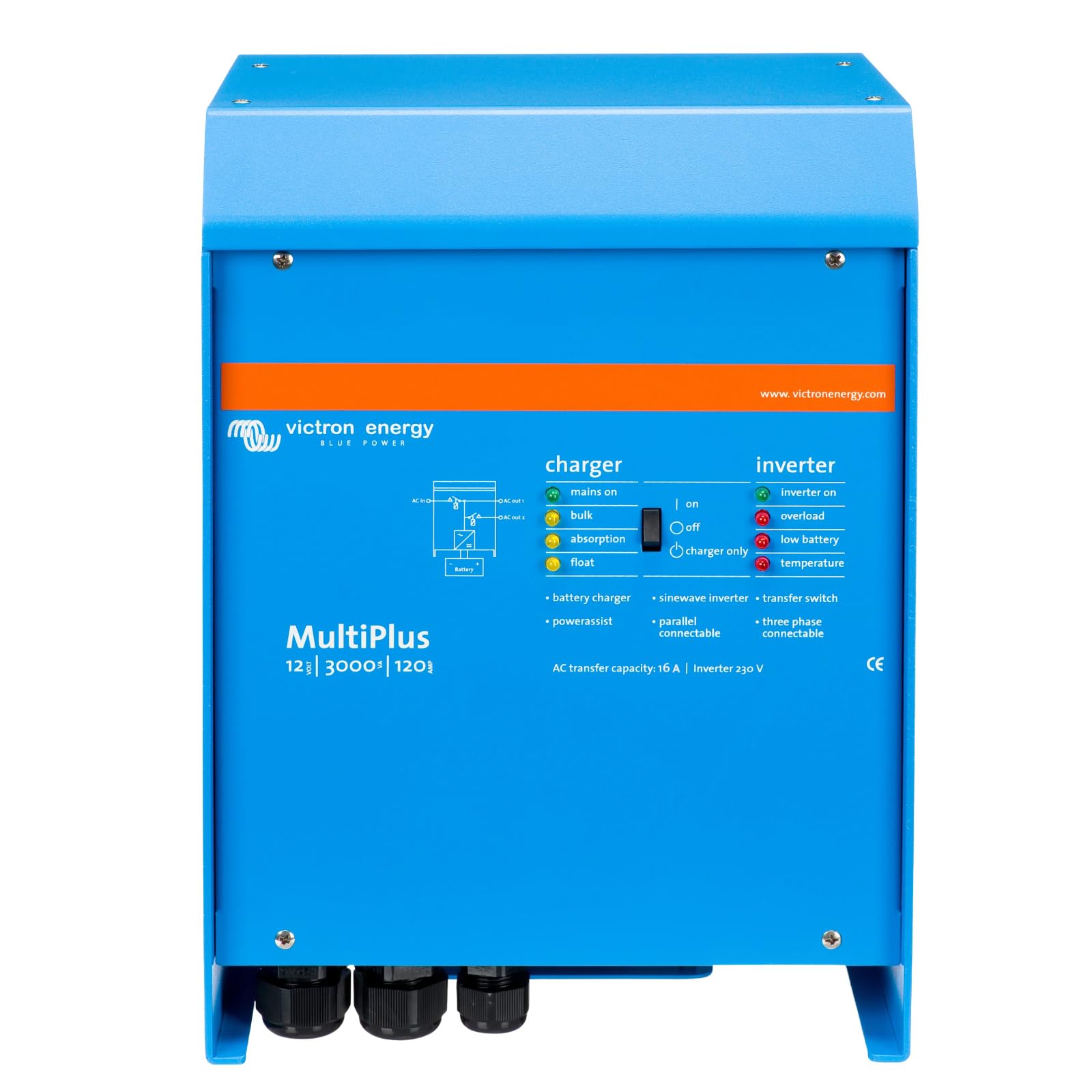 Victron Energy MultiPlus 3000VA 12-Volt 230V Inverter Onda Sinusoidale Pura 120 amp Caricatore Batteria, Interruttore di Trasferimento 16 amp