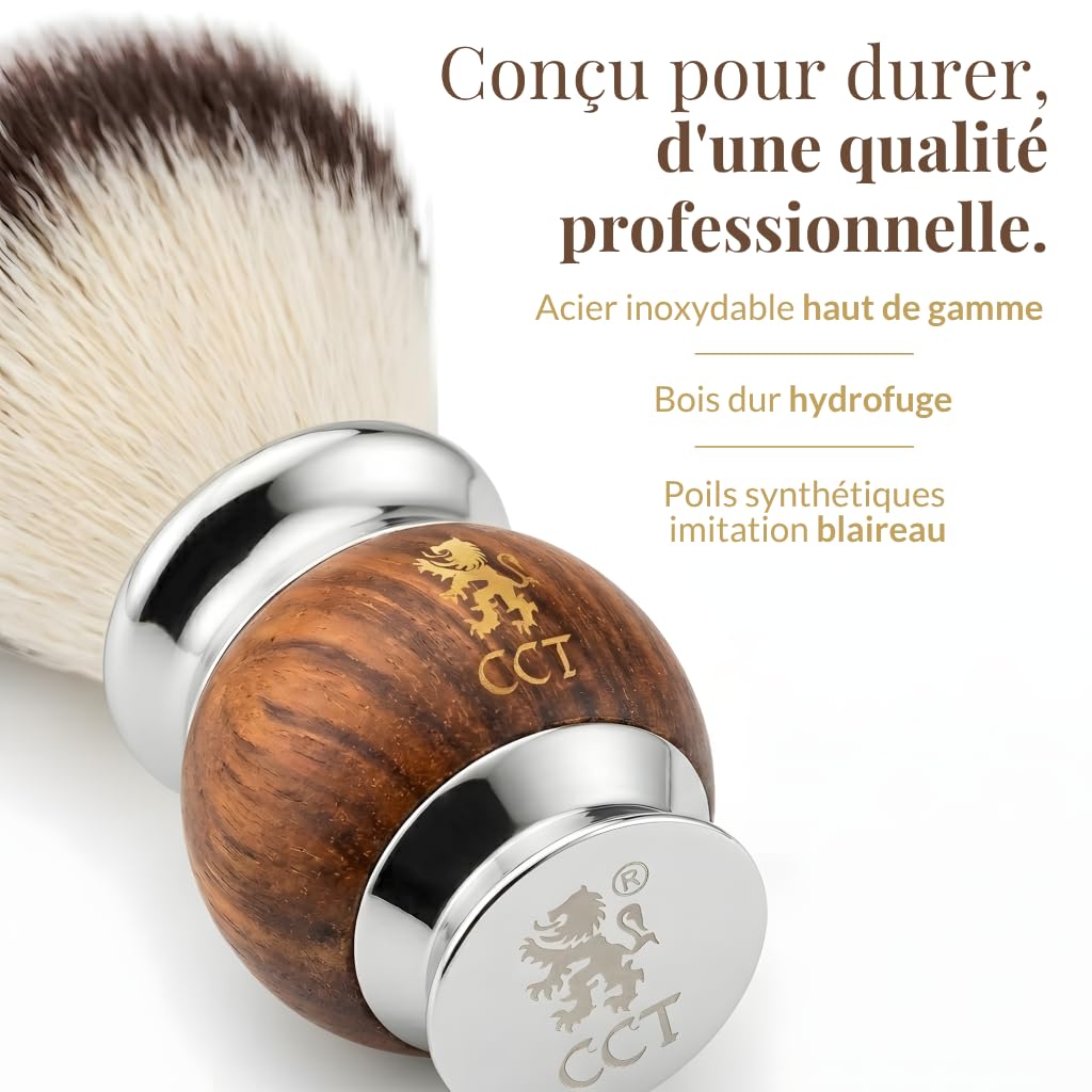The Cambridge Cut Throat Blaireau Rasage de Haute Qualité pour Hommes en Bois et Acier Inoxydable, Poils Végétaliens Synthétiques