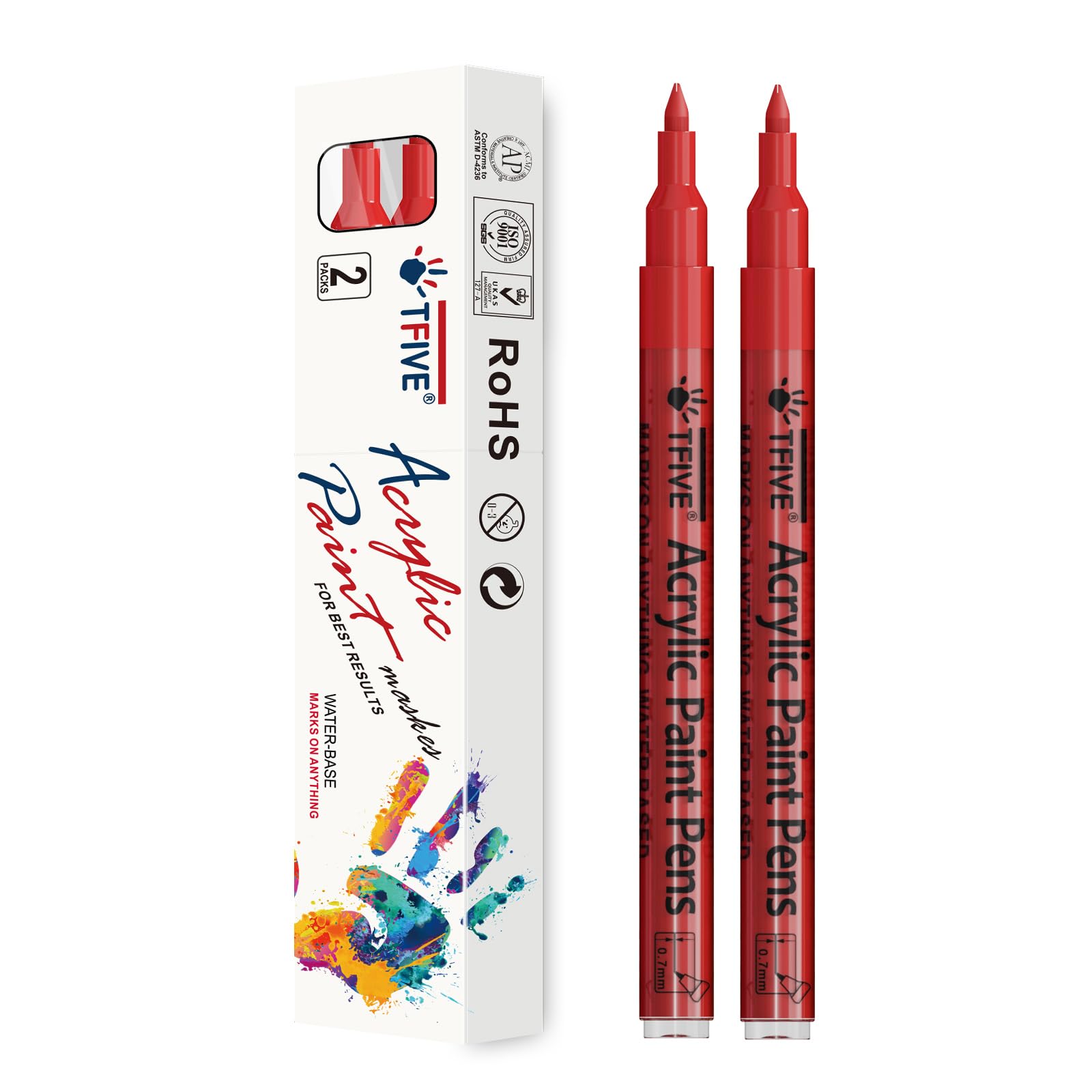 TFIVE Red Paint Pens - 2 Pack Acrylic Permanent Markers, 0.7mm Extra Fine Tip for Art Projects, Drawing, Rock Painting, Ceramic, Glass, Wood, Plastic,