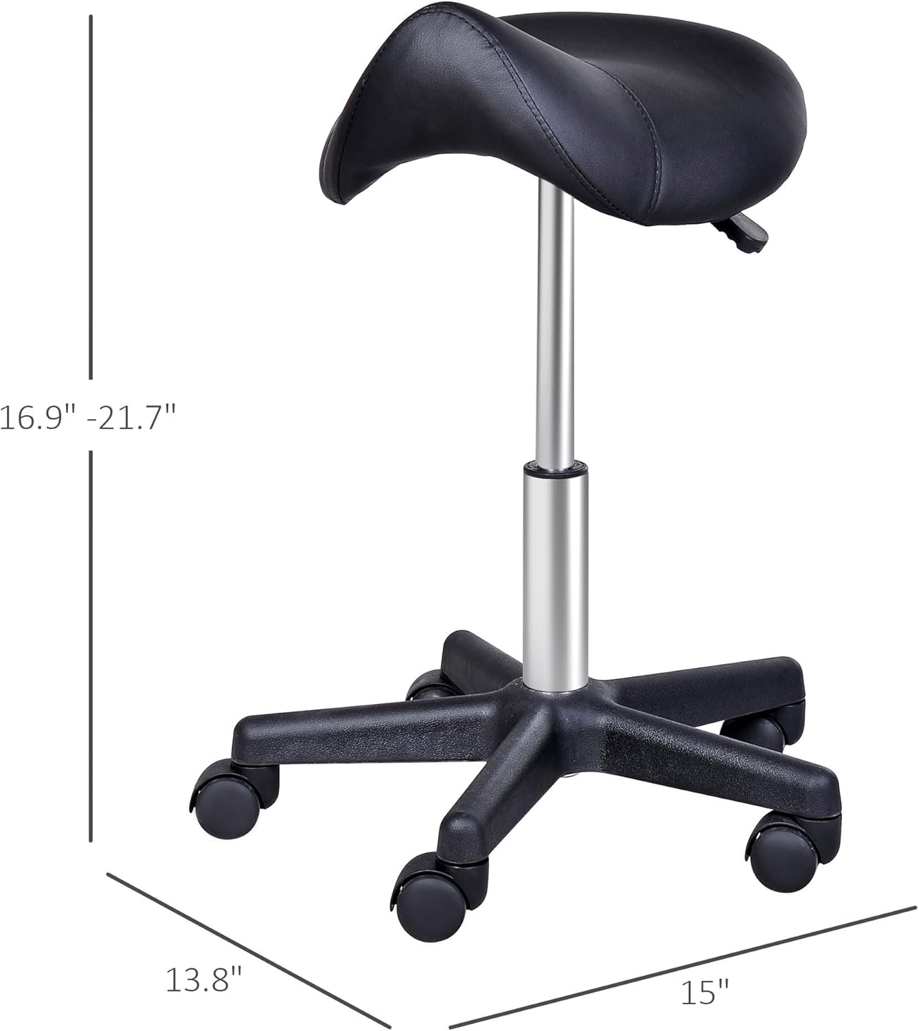 HOMCOM Rolling Saddle Stool, Swivel Salon Chair, Ergonomic Faux Leather Stool, Adjustable Height with Wheels for Spa, Salon, Massage, Office, Black