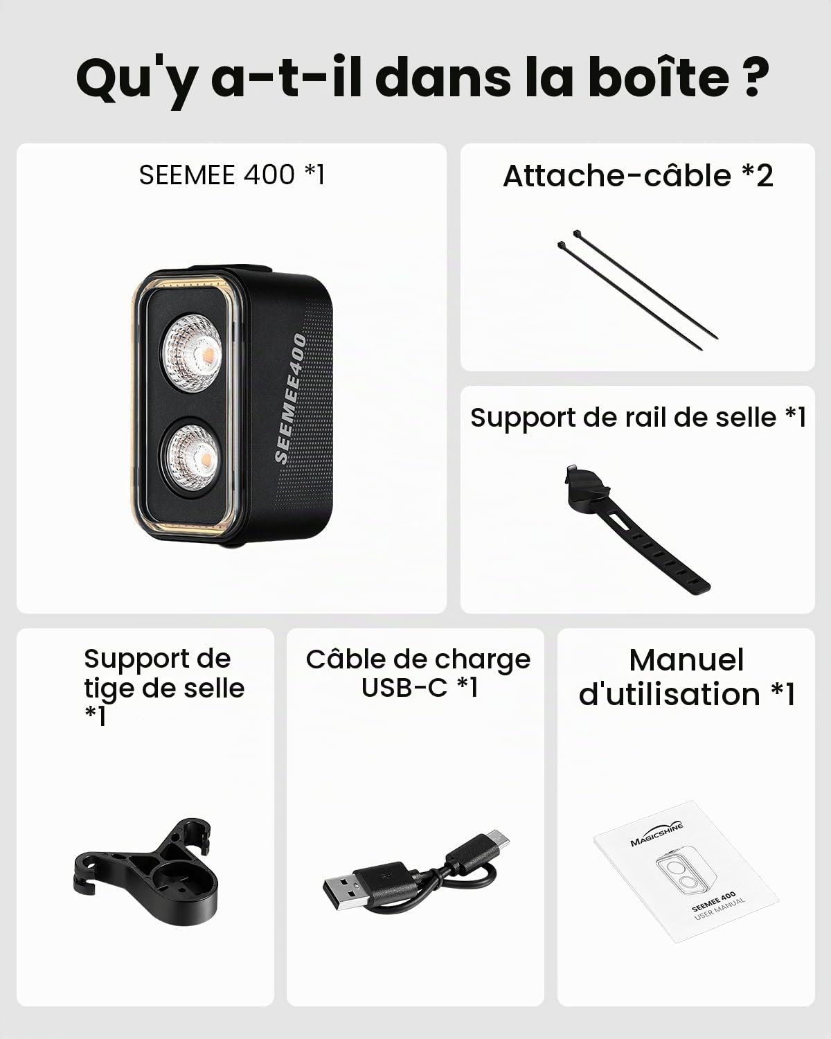 Magicshine Feu arrière de vélo SEEMEE 400, 400 lumens, Vision à 360°, capteur de freinage Intelligent, étanche IPX6, idéal pour Les Sorties Nocturnes