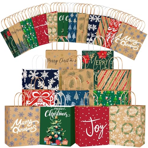 JOLCEEY 12 Stück Weihnachts Kraft Geschenktaschen, Wiederverwendbar Klein Weihnachtstaschen aus Kraftpapier Braun Weihnachtstasche Papiertüten Weihnachten mit Henkel für Geschenke Partydekorationen