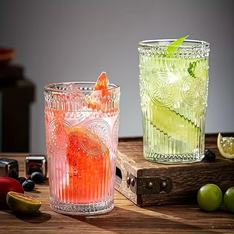 Image of PrimeWorld 6pcs Vintage Drinking Glasses Set - 350ml Highball Glasses & Embossed Ribbed Glassware Cups | Perfect for Thanksgiving, Cocktails, Juice, Coffee & Whiskey | Elegant & Durable Drinkware
