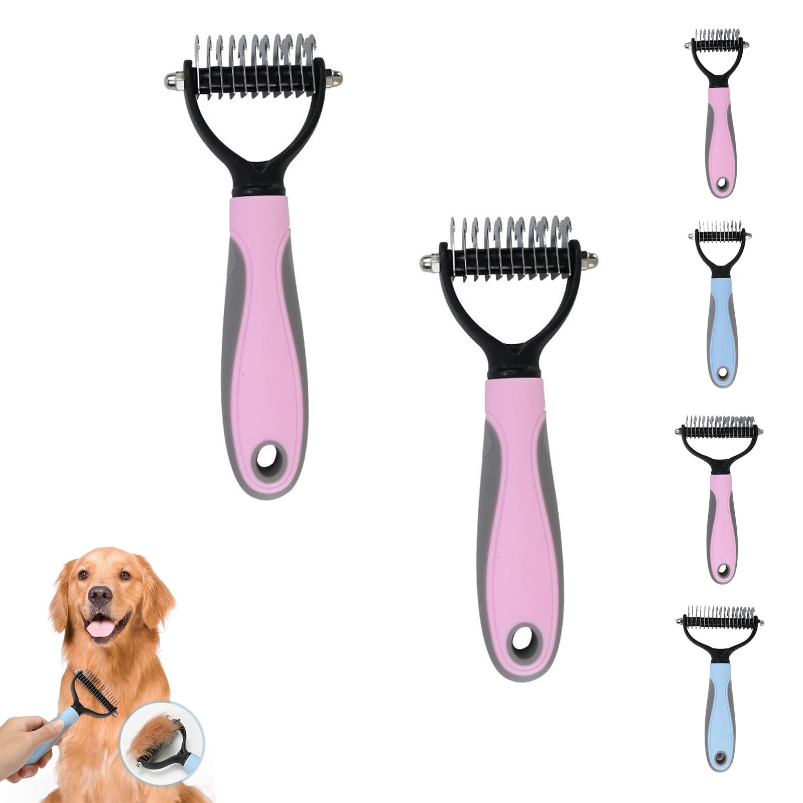 Double Sided Pet Grooming Brush for Dogs and Cats, Deshedding Dematting Comb for Removing Loose Fur, Tangles, Knots and Undercoat, Pet Hair Removal Tool (Pink,S,2Pcs)