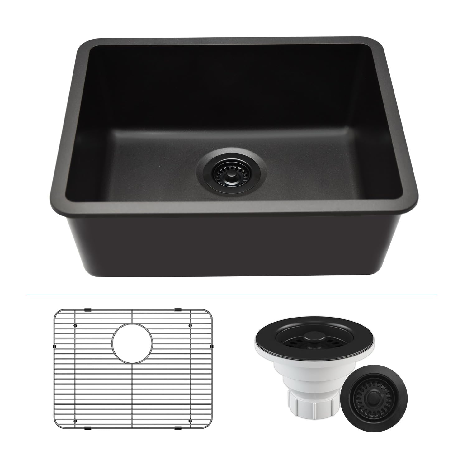 23" x 18" Quartz Kitchen Sink, Single Bowl Kitchen Sinks, Drop-in Undemount Sink, Granite Composite Galaxy Black Kitchen Sink, Includes Grid, Strainer, Flange LP-2318-K