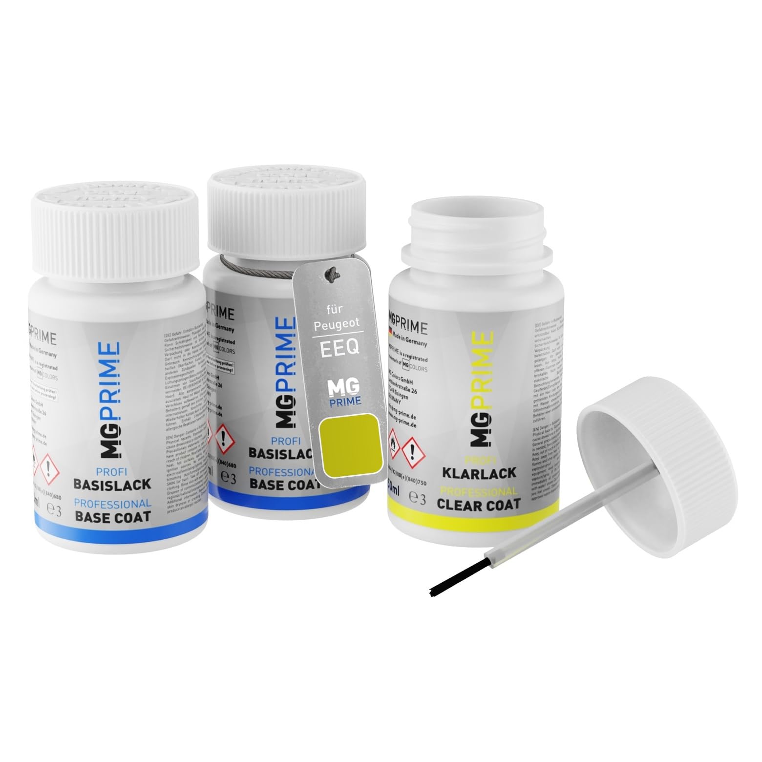 MG PRIME Kit Stilo di Ritocco per Peugeot EEQ Jaune Agueda Metallic - Vernice di Fondo, Base e Trasparente - 50ml Ciascuno