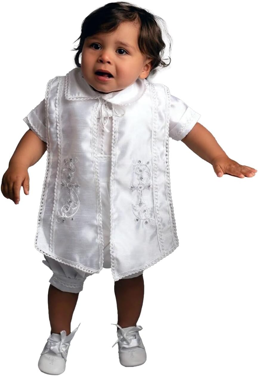 Baby Boys White Christening Romper Set with Large Over Bib & Hat - Infants Baptism Outfit