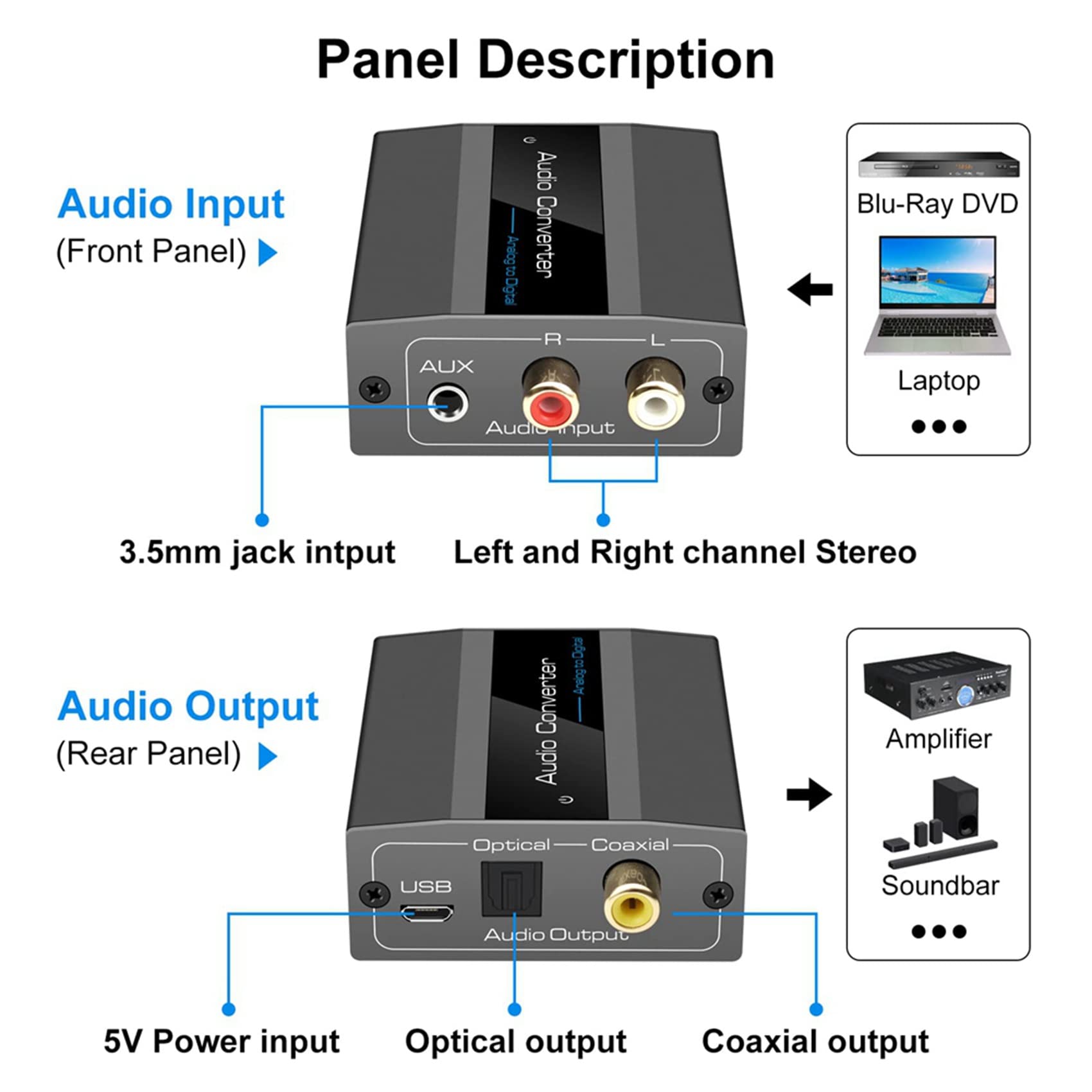6X Convertidor de Audio AnalóGico una Digital una ÓPtico con Cable ÓPtico Audio Digital Toslink y Adaptador de Audio Coaxial