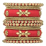 Aheli Royal Design Silk Thread Bangle Set Saree Matching Chuda Indian Traditional Wedding Fashion Jewelry Gift for Women (Silk Red-Faux Stone, 2.6)