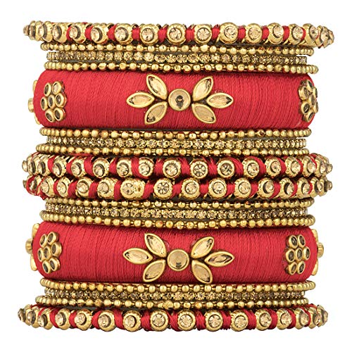 Aheli Royal Design Silk Thread Bangle Set Saree Matching Chuda Indian Traditional Wedding Fashion Jewelry Gift for Women (Silk Red-Faux Stone, 2.6)