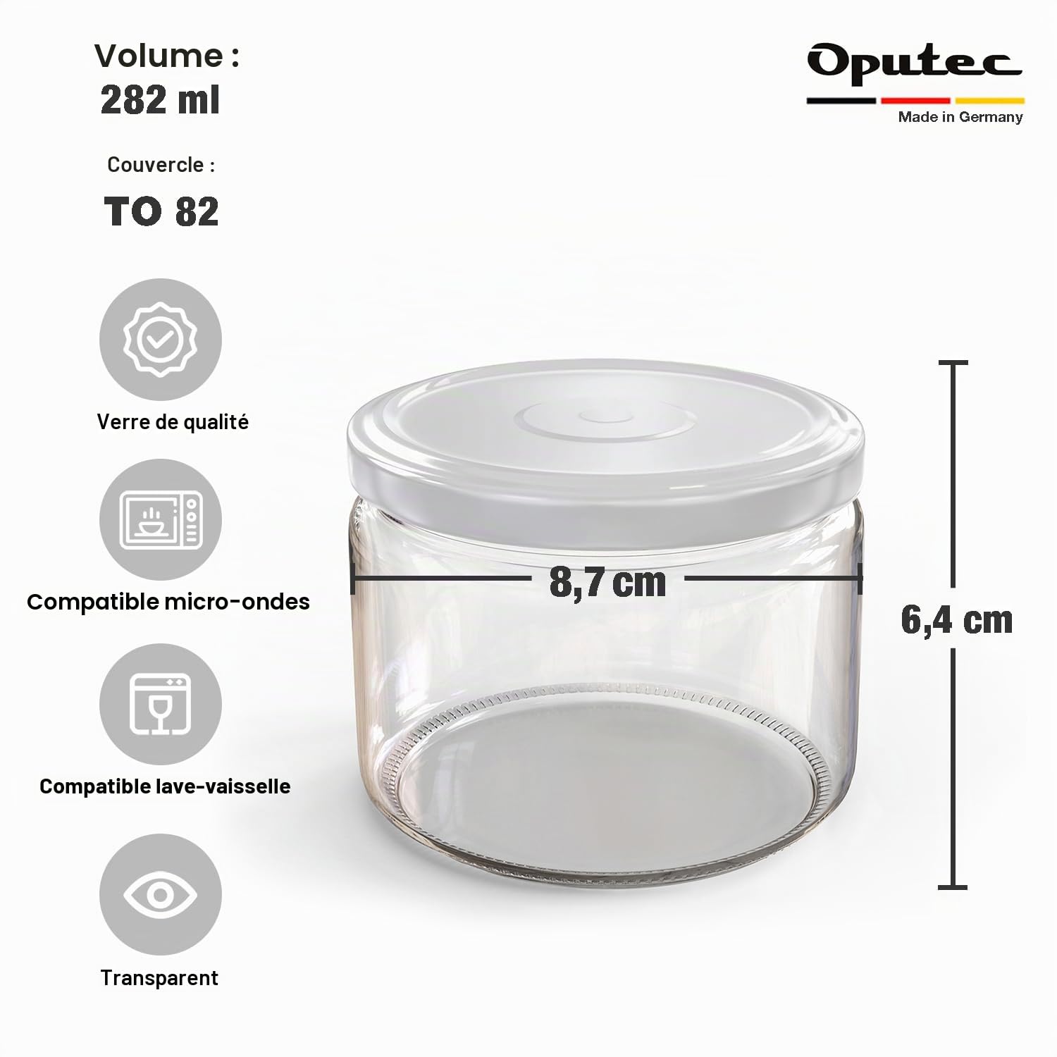 Oputec Lot de 48 bocaux de 282 ml avec couvercles à visser blancs – Parfaits pour les confitures, les confitures et plus encore, petits bocaux avec couvercle, parfaits comme pots à confiture et bocaux