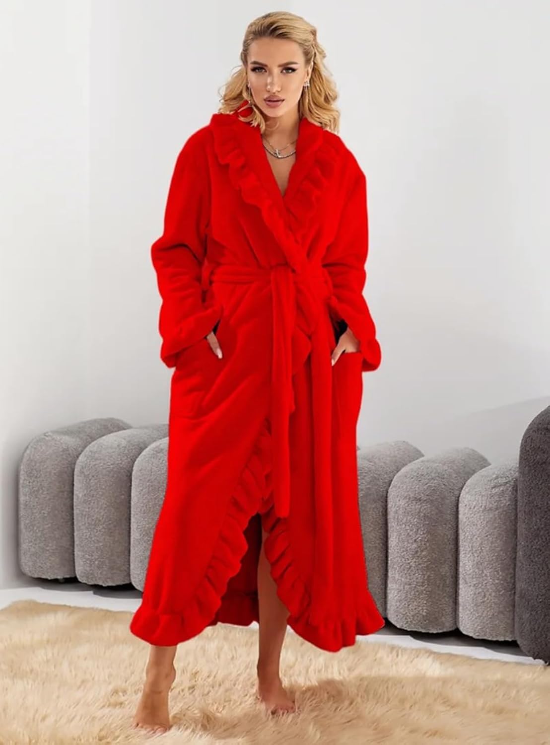 codcm Women's Flannel Robe Fuzzy Soft Ruffle Ankle Length Fleece Robes Fashion Long Sleeve Sleepwear with Side Pockets
