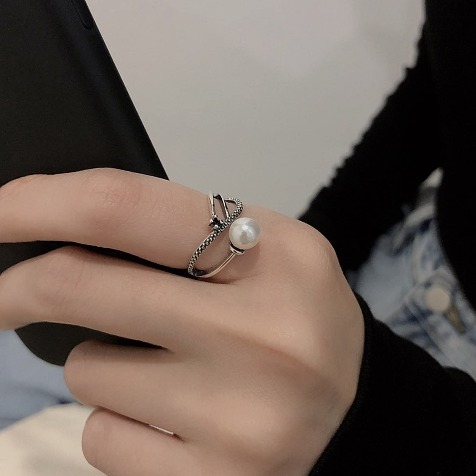 Anello di Fidanzamento in Argento Sterling, Anelli per Gioielli da Donna FEDI Nuziali in Filato Intrecciato Multistrato con Perle di zirconi Neri Misura Regolabile
