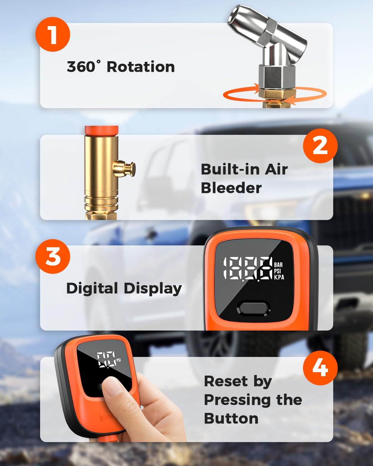 ETENWOLF T600 Digital Tire Pressure Gauge 0-250 PSI, ANSI B40.7 2A Grade High Precision(Plus-Minus 1%),Tire Gauge for Tire Pressure with Rubber Hose, Replaceable AA Batteries - 5