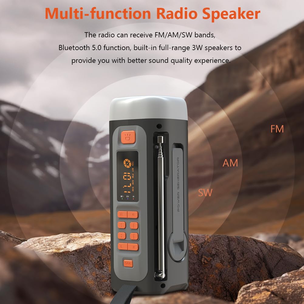 Radio de Emergencia 4500mAh Am/FM/SW con Altavoz BT, Carga USB-C/Solar/Manivela, Batería, Linterna, Alarma SOS y Conector para Auriculares
