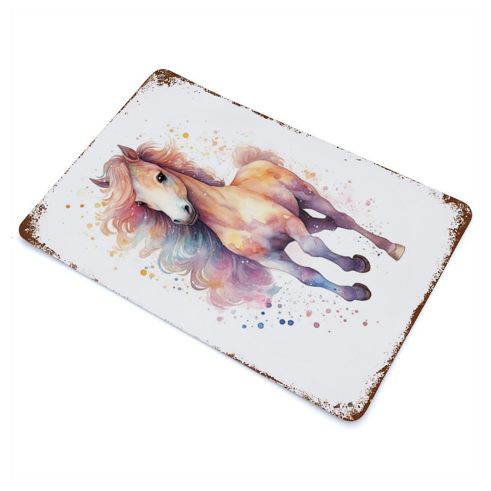 Distressed Metal Wall Sign with Watercolor Baby Horse Pony Design 11.8"x7.9", for Living Room, Hallway And Home Decor, Vintage Wall Decor