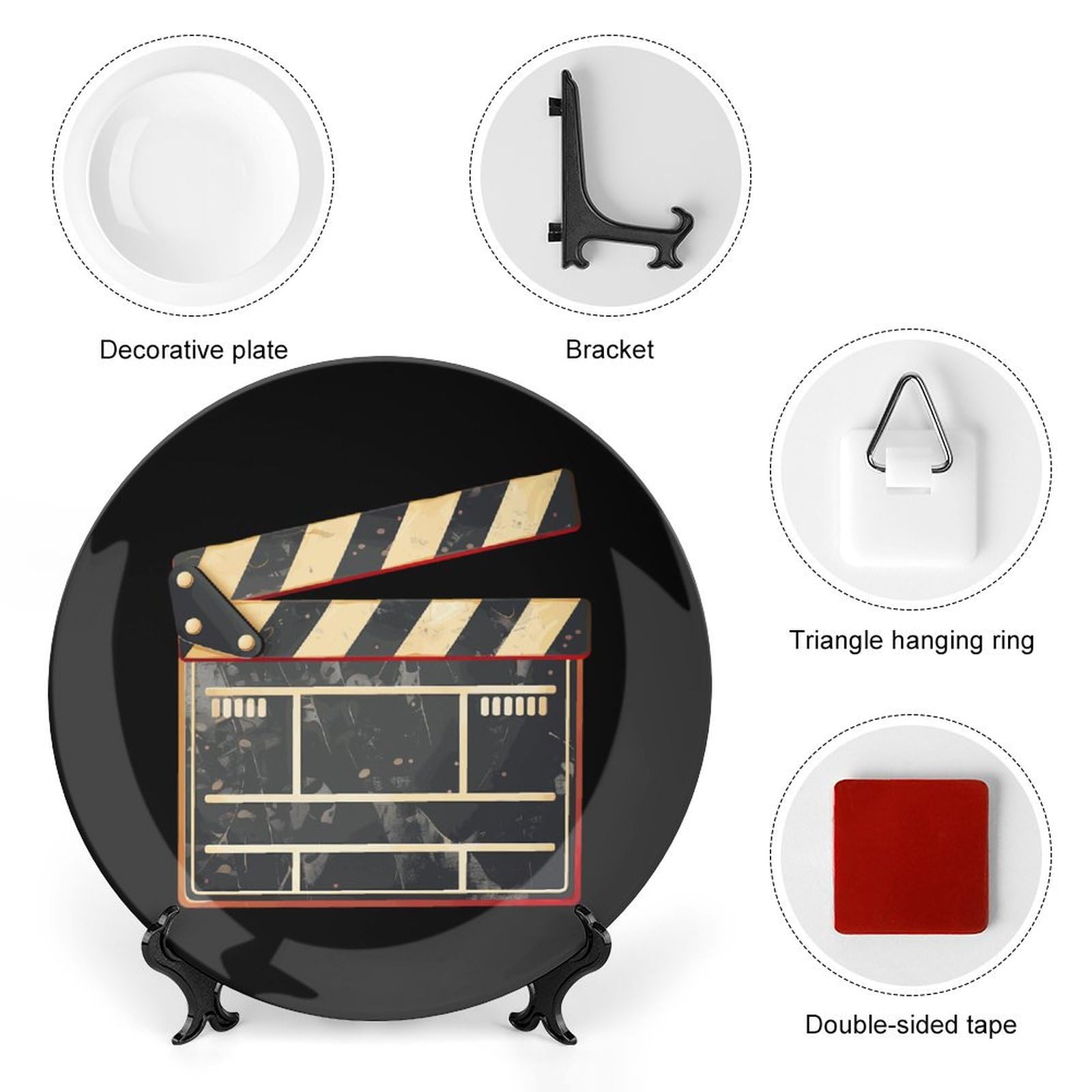 Piatto decorativo con ciak da cinema con espositore, piatto in ceramica, piatto in porcellana per decorazioni per feste e matrimoni