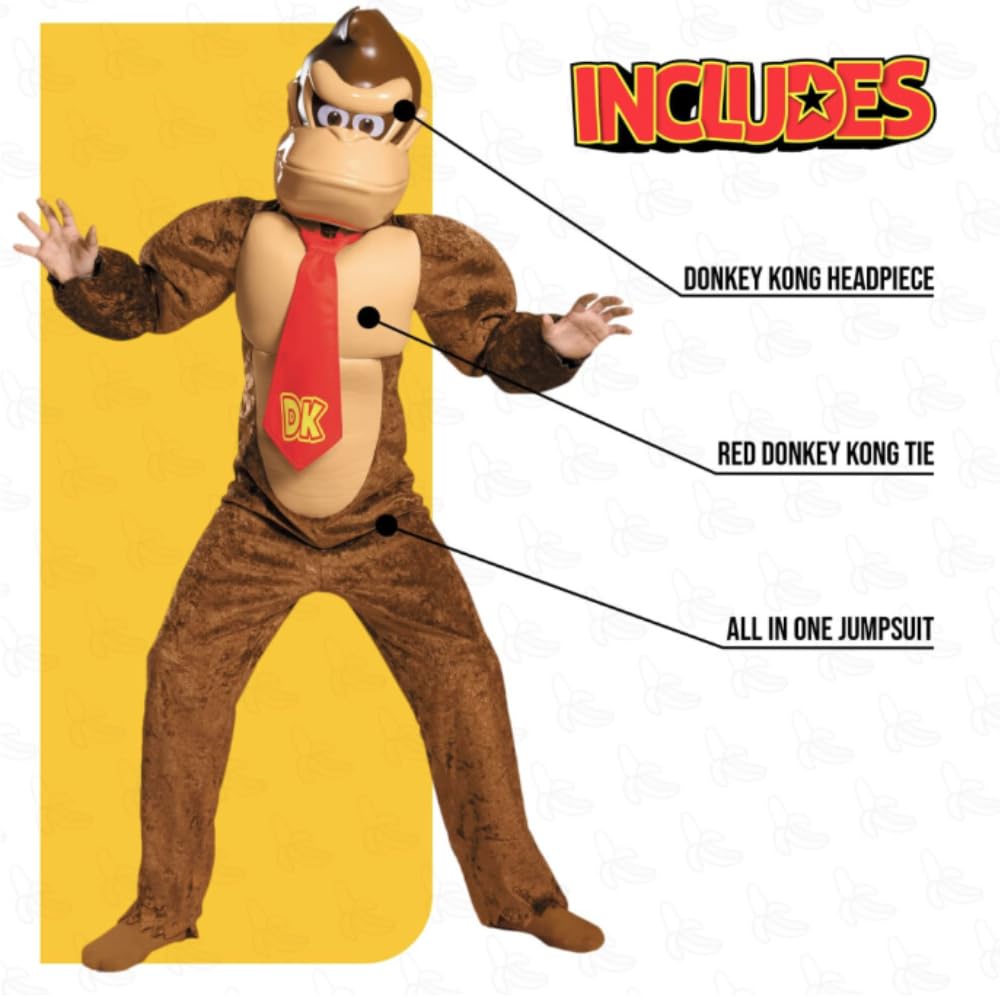 Super Mario Bros. Donkey Kong fantazyjna sukienka dla dzieci, oficjalne Nintendo od Disguise, zawiera kombinezon z wyściełanym tułowiiem, kultowy czerwony krawat DK i maskę Donkey Kong, dla 10-12 lat