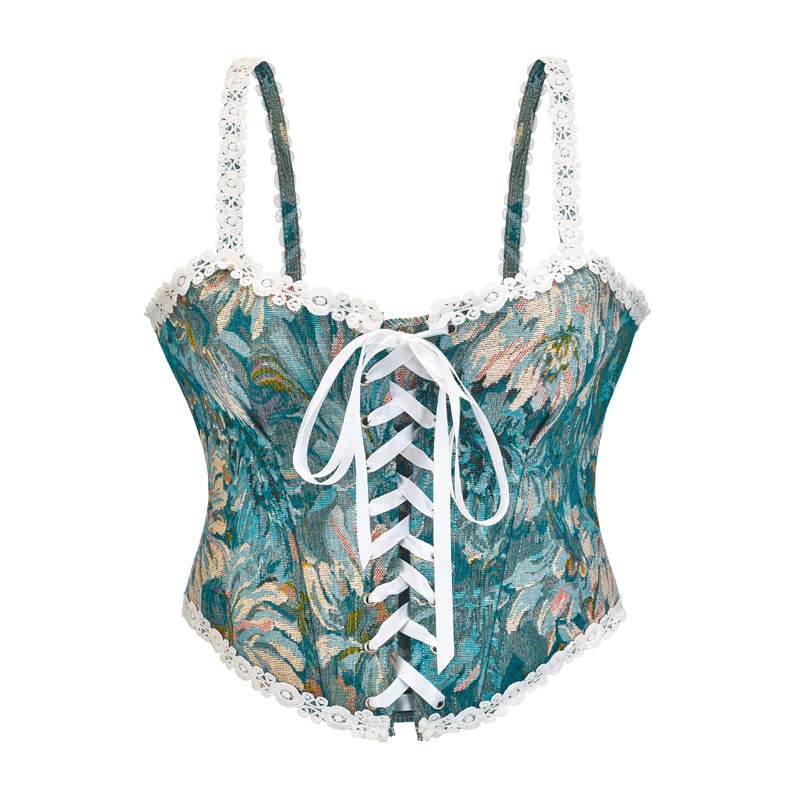 Women’s Jacquard Camisole Corset | Oil Painting Print Boned Body Shaper with Lace & Zipper-image-3