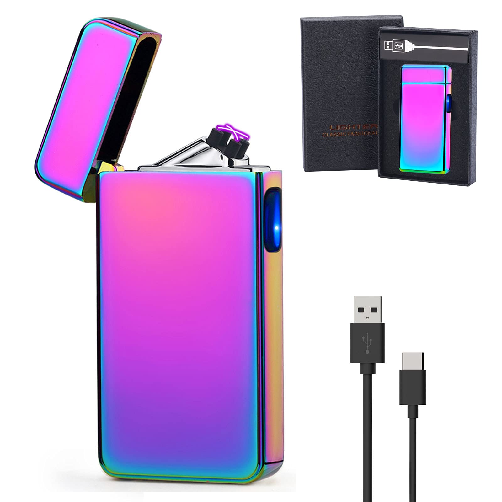 Electric Lighter Rechargeable Plasma Arc USB Cigarette Lighters for Smoking Utility Electronic Windproof Flameless Cool Survival Fireplace Lighter Butane Free with Button Ignition Purple - Purple