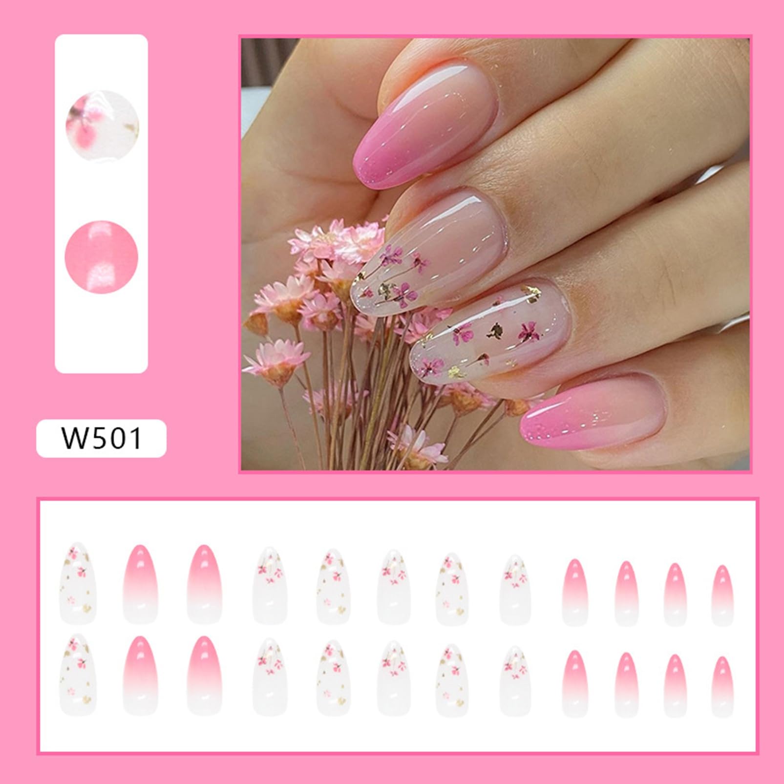24pcs Pink Ombre Oval Press On Nails with Dried Flower & Gold Foil Accents - Image 4