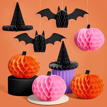 xo, Fetti Halloween Accordion Hanging Decor - Set of 8 | 3D Pumpkin Centerpieces, Spooky Bat Decorations, Witch Hat Tabletop Setting
