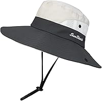 Vista 6 de Sombrero de sol de verano para mujer, cola de caballo – Protección UV de malla de ala ancha plegable con agujero para cola de caballo Beige