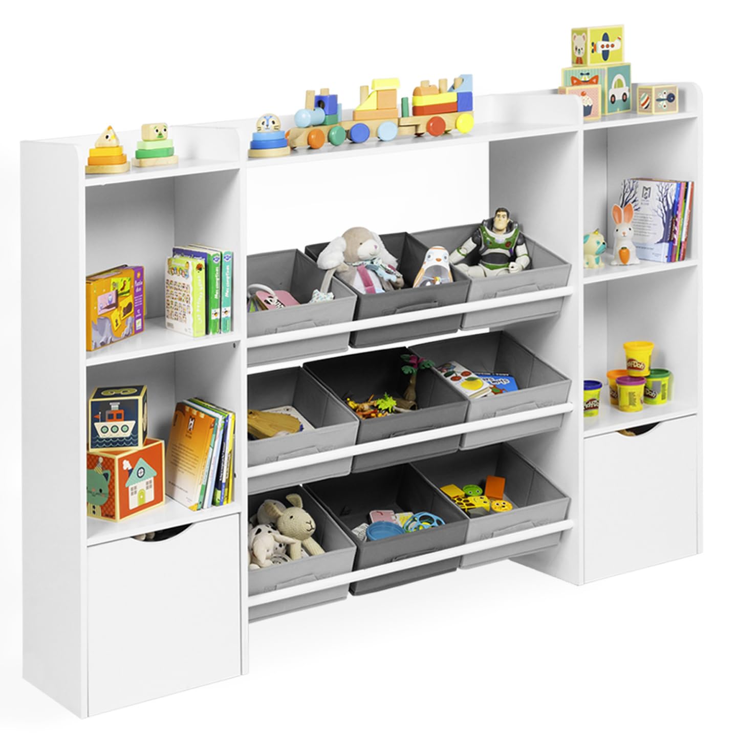 IDMarket - Meuble de Rangement Enfant Mana 7 étagères, 9 bacs en Tissu et 2 Cubes sur roulettes Blanc