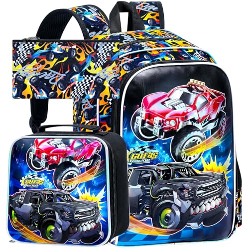 Image of HPJGD 3PCS Truck Backpack for Boys, Water Resistant Kids Bookbag Set with Lunch Box, Cool School Bag for Preschool Toddler - Teeth Truck