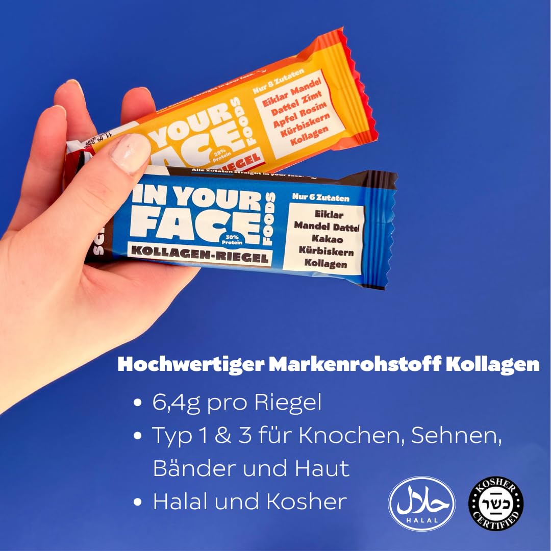 Kollagen Riegel 12er Box – Aus 100% Natürlichen Zutaten, Gesüßt Mit Datteln – Ohne Zusatz- & Süßstoffe – Gesunder Snack, Paleo & Clean Eating – 6x Schoko & 6x Apfel-Zimt – IN YOUR FACE FOODS