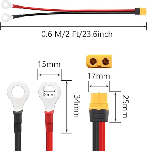 Miniatura 6 de SinLoon XT60 - Cable de terminal de anillo tórico 12AWG 23.6 pulgadas XT60H hembra a junta tórica, cable conector para aviones RC, juguete, autos,