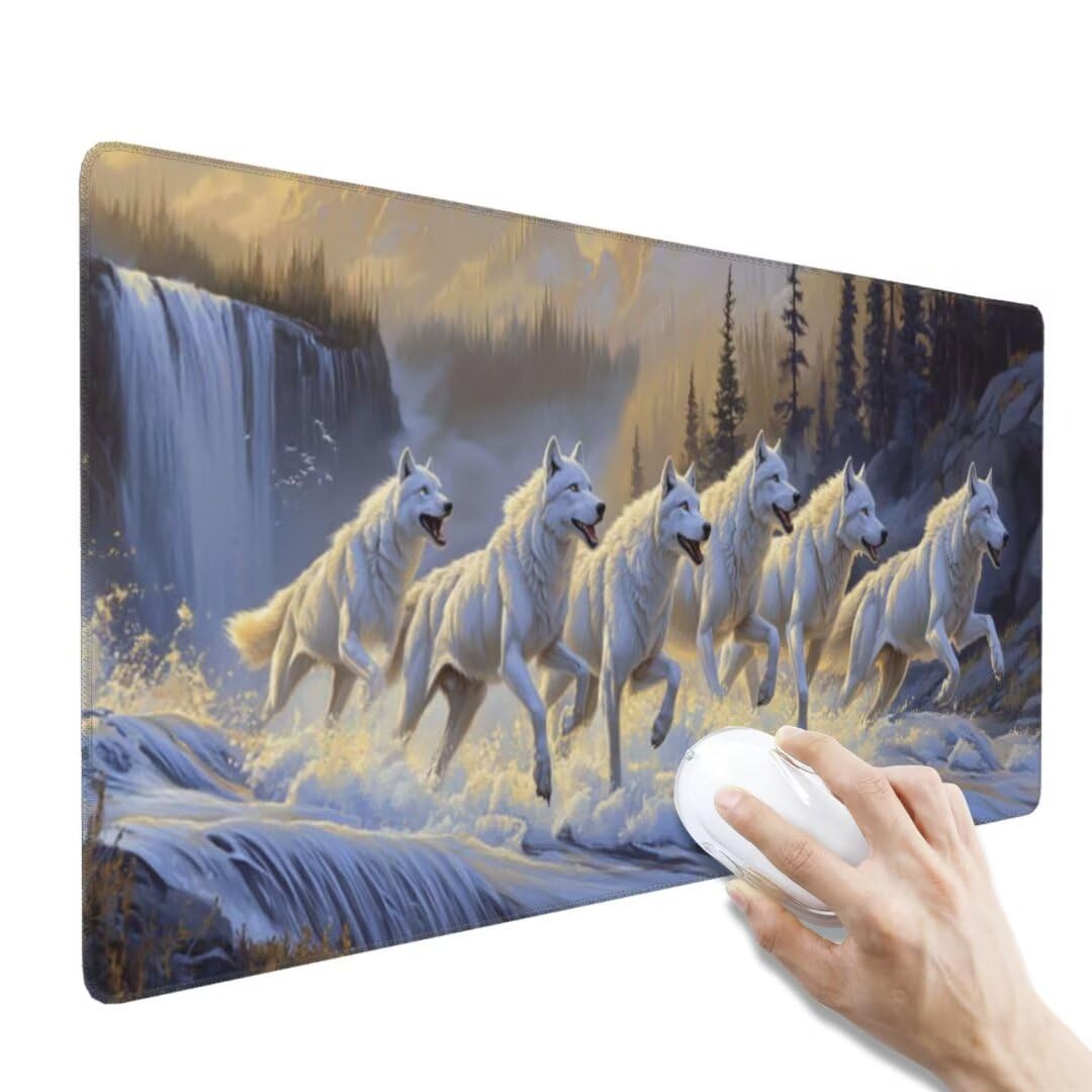 Tapis de Souris Loup Blanc Tapis de Souris XXL, Extra Grand Tapis Souris Gamer XXL Tapis de Souris Gaming, Imperméable Mouse Pad avec Base Atidérapante pour Maison/Bureau (1000 x 500 x 3 mm, Forêt)