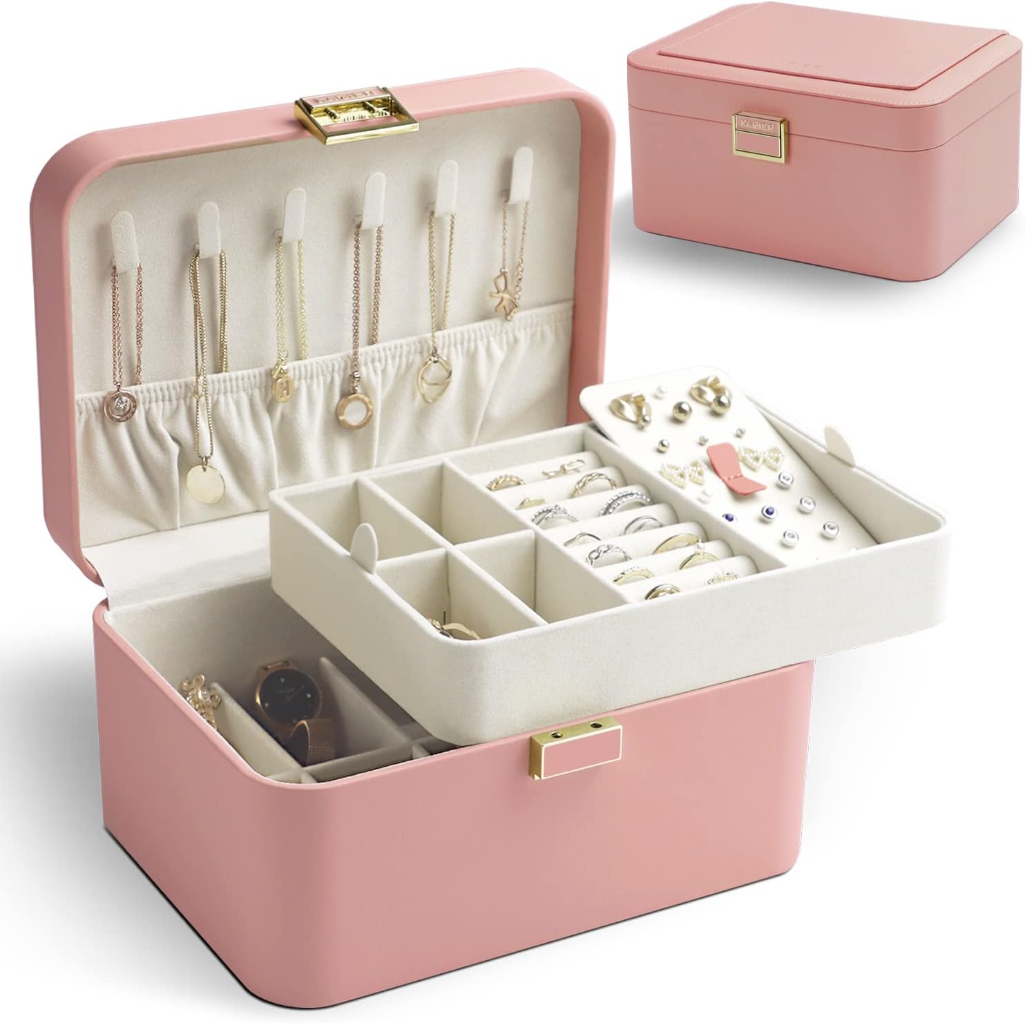 KAMIERKAMIER Travel Jewelry Organizer Box,2 Layer Portable Jewelry Organizer for Earrings Bracelets Rings Necklaces,Luxury Leather & Soft Velvet Lined,Gift Box Packaging,Pink