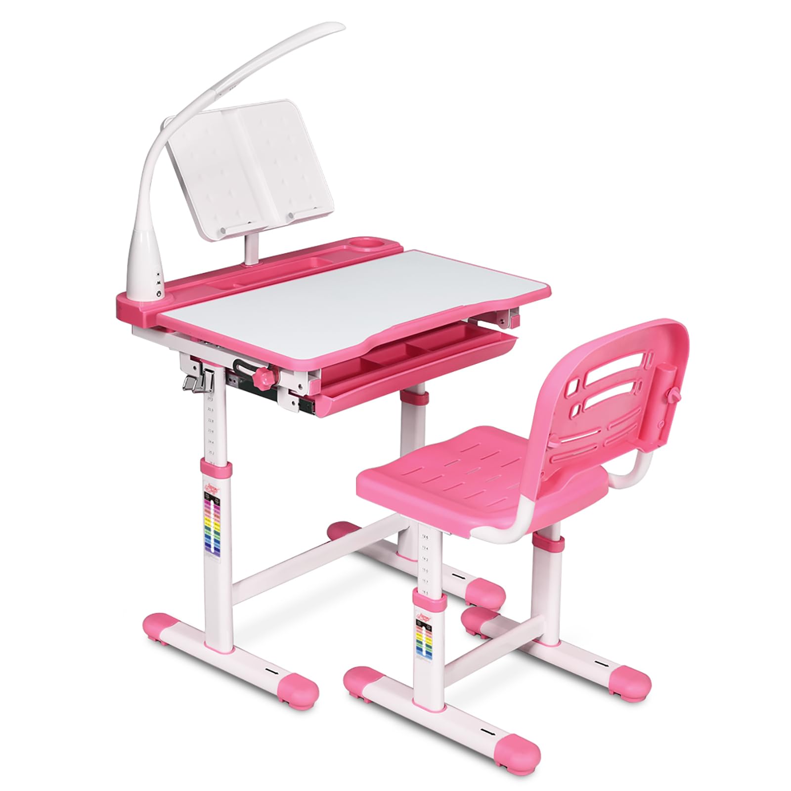 COSTWAY Kinderschreibtisch höhenverstellbar, Schülerschreibtisch mit Lampe, Kindermöbel neigungsverstellbar, Kindertisch mit Stuhl, Schreibtisch mit Schublade, Farbewahl (Hellrosa)