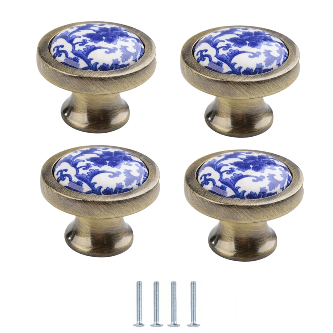Lqzaxsrdr 38*31Mm Ceramic Cupboard Drawer Handle Knobs, Blue And White Porcelain Ceramic Knobs Pack Of 4 Multiple Sizes Single Hole(38 * 31Mm)